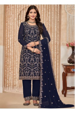 Navy Blue Faux Georgette Resham Embroidered Wedding Salwar Kameez