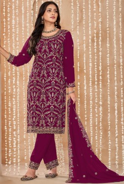 Red Faux Georgette Embroidered Wedding Salwar Kameez