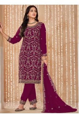 Red Faux Georgette Embroidered Wedding Salwar Kameez