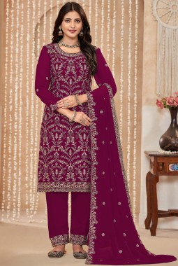 Red Faux Georgette Embroidered Wedding Salwar Kameez