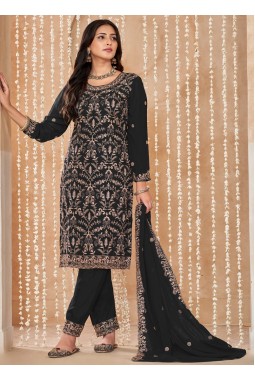 Black Faux Georgette Resham Embroidered Wedding Salwar Kameez