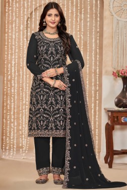 Black Faux Georgette Resham Embroidered Wedding Salwar Kameez