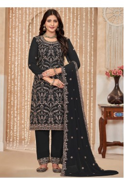 Black Faux Georgette Resham Embroidered Wedding Salwar Kameez