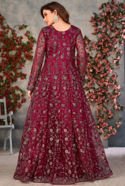 Maroon Net Sequins Embroidered Wedding Salwar Kameez