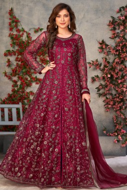 Maroon Net Sequins Embroidered Wedding Salwar Kameez