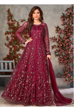 Maroon Net Sequins Embroidered Wedding Salwar Kameez