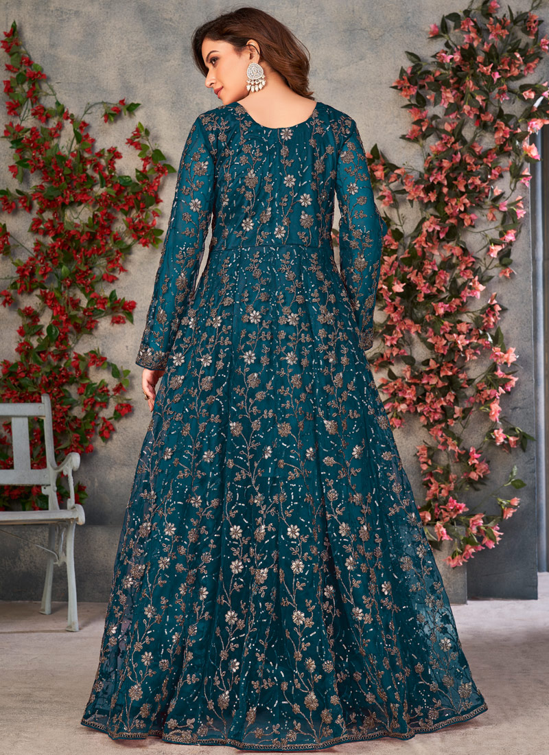 Blue Net Zari Embroidered Wedding Salwar Kameez