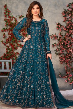 Blue Net Zari Embroidered Wedding Salwar Kameez