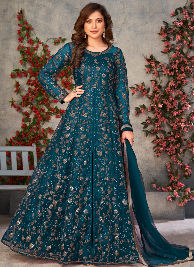 Blue Net Zari Embroidered Wedding Salwar Kameez