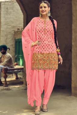 Peach Faux Georgette Embroidered Salwar Kameez