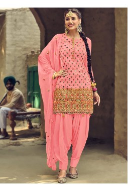Peach Faux Georgette Embroidered Salwar Kameez