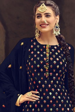 Navy Blue Faux Georgette Embroidered Salwar Kameez