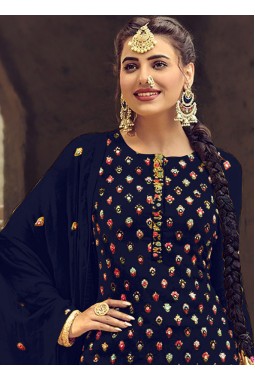 Navy Blue Faux Georgette Embroidered Salwar Kameez