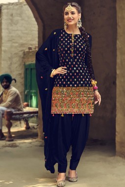 Navy Blue Faux Georgette Embroidered Salwar Kameez