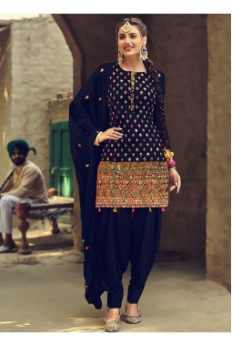 Navy Blue Faux Georgette Embroidered Salwar Kameez