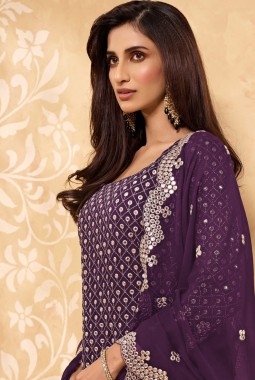 Purple Faux Georgette Embroidered Salwar Kameez