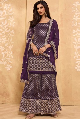 Purple Faux Georgette Embroidered Salwar Kameez