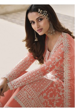 Peach Heavy Net Embroidered Wedding Salwar Kameez