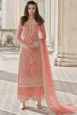 Peach Heavy Net Embroidered Wedding Salwar Kameez