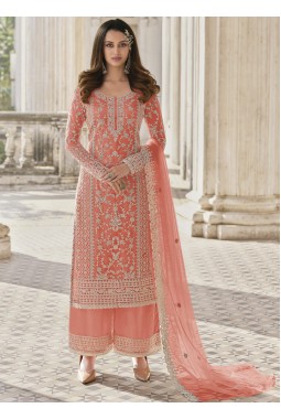 Peach Heavy Net Embroidered Wedding Salwar Kameez