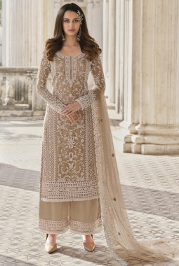 Beige Heavy Net Embroidered Wedding Salwar Kameez