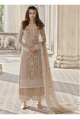 Beige Heavy Net Embroidered Wedding Salwar Kameez