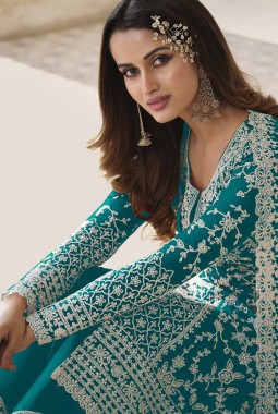 Turquoise Blue Heavy Net Cording Work Wedding Salwar Kameez