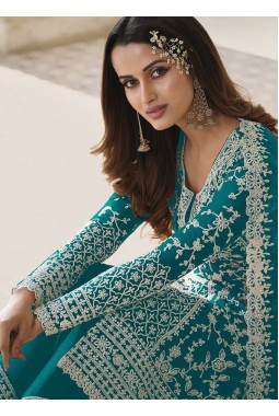 Turquoise Blue Heavy Net Cording Work Wedding Salwar Kameez