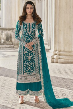 Turquoise Blue Heavy Net Cording Work Wedding Salwar Kameez