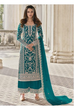 Turquoise Blue Heavy Net Cording Work Wedding Salwar Kameez