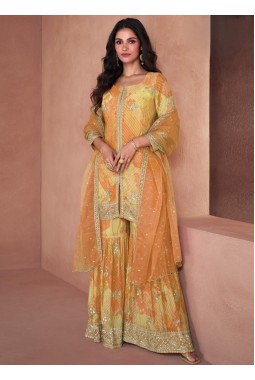 Mustard Faux Georgette Digital Print Wedding Plazzo Style Salwar Kameez