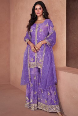 Lavender Faux Georgette Digital Print Wedding Plazzo Style Salwar Kameez