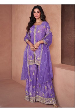 Lavender Faux Georgette Digital Print Wedding Plazzo Style Salwar Kameez