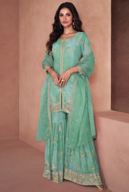 Sea Green Faux Georgette Digital Print Wedding Plazzo Style Salwar Kameez