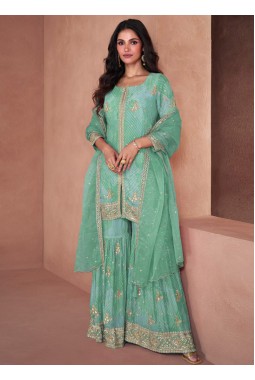 Sea Green Faux Georgette Digital Print Wedding Plazzo Style Salwar Kameez