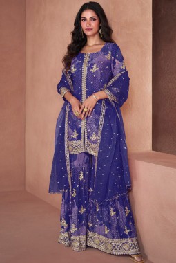 Purple Faux Georgette Digital Print Wedding Plazzo Style Salwar Kameez