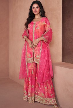 Orange Faux Georgette Digital Print Wedding Plazzo Style Salwar Kameez