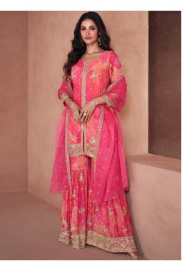 Orange Faux Georgette Digital Print Wedding Plazzo Style Salwar Kameez