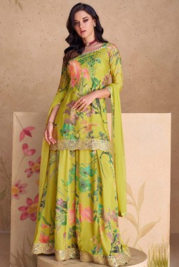 Green Chinnon Digital Print Festival Plazzo Set