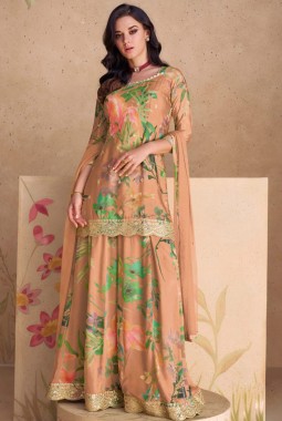 Peach Chinnon Digital Print Festival Plazzo Set