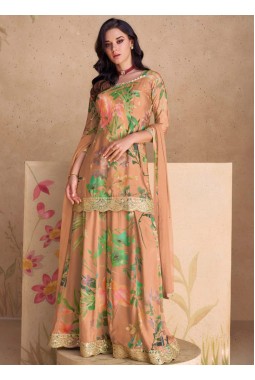 Peach Chinnon Digital Print Festival Plazzo Set