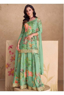 Blue Chinnon Digital Print Festival Plazzo Set