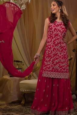 Red Georgette Sequins Embroidered Designer Gharara Set