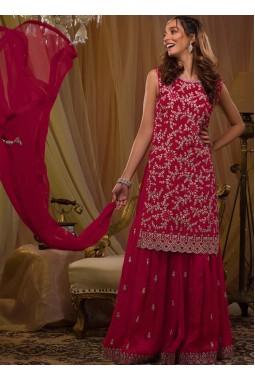 Red Georgette Sequins Embroidered Designer Gharara Set