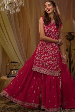 Red Georgette Sequins Embroidered Designer Gharara Set