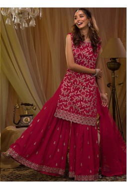 Red Georgette Sequins Embroidered Designer Gharara Set