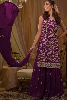 Magenta Georgette Sequins Embroidered Designer Gharara Set