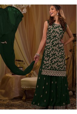 Green Georgette Sequins Embroidered Designer Gharara Set