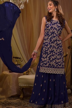 Navy Blue Georgette Sequins Embroidered Designer Gharara Set