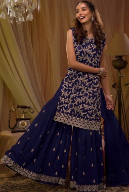 Navy Blue Georgette Sequins Embroidered Designer Gharara Set